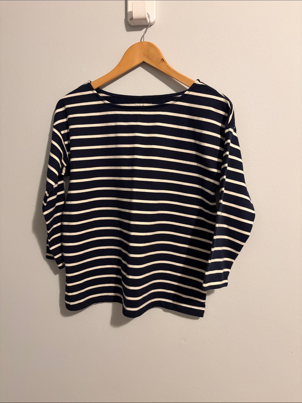 L.L. Bean Navy and White Striped Boatneck Long Sleeve Top